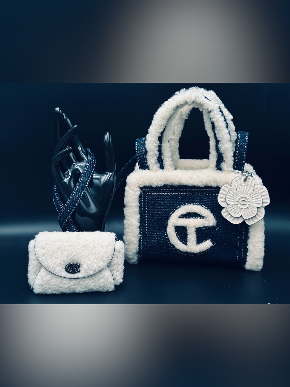 Telfar Denim Mini Tote with White Shearling Trim